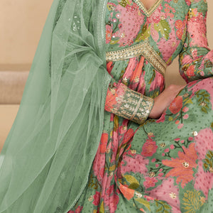 Mint Green Heavy Designer Digital Print Work Festive Special Anarkali Gown