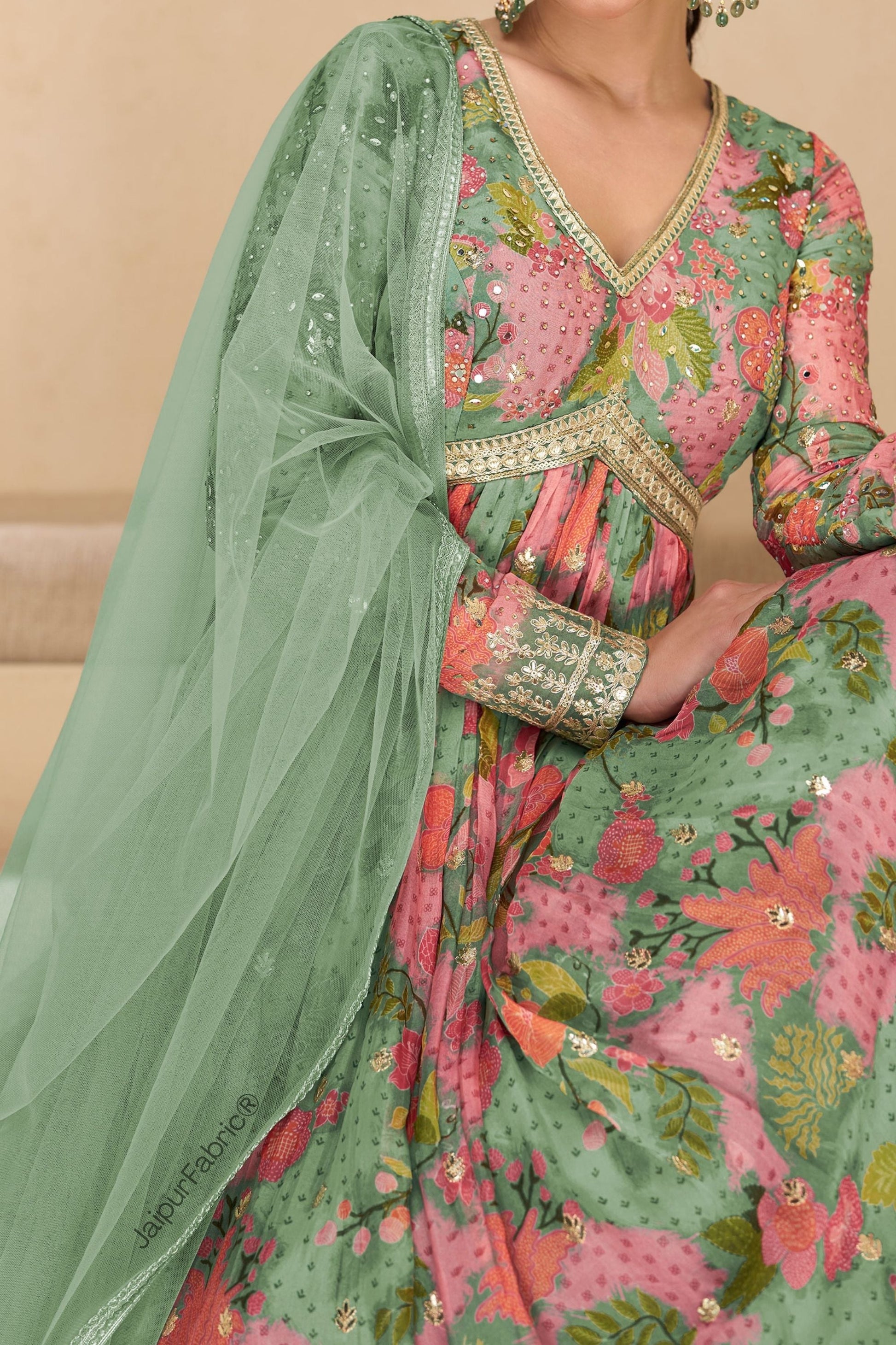 Mint Green Heavy Designer Digital Print Work Festive Special Anarkali Gown