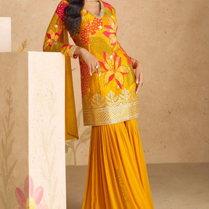 Digital Printed Chinon Silk Mustard Color Beautiful Suit