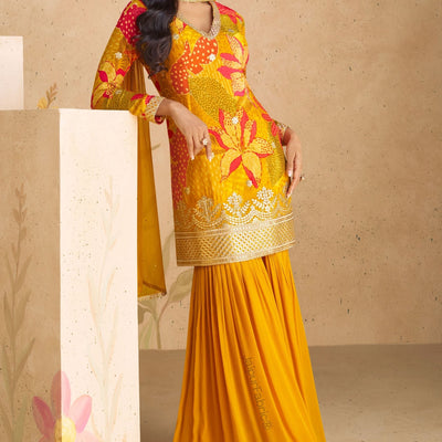 Digital Printed Chinon Silk Mustard Color Beautiful Suit