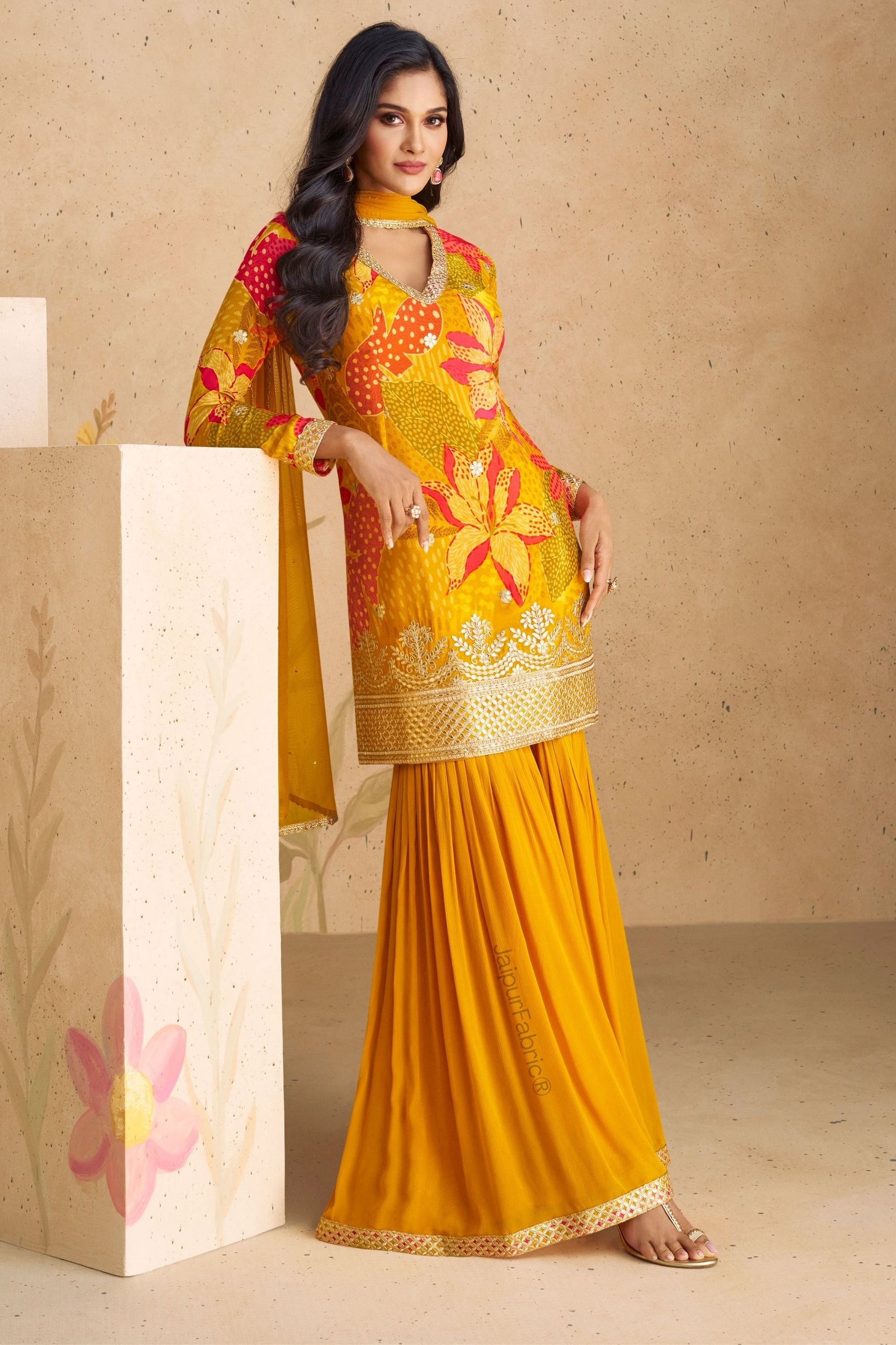 Digital Printed Chinon Silk Mustard Color Beautiful Suit