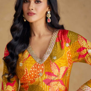 Digital Printed Chinon Silk Mustard Color Beautiful Suit