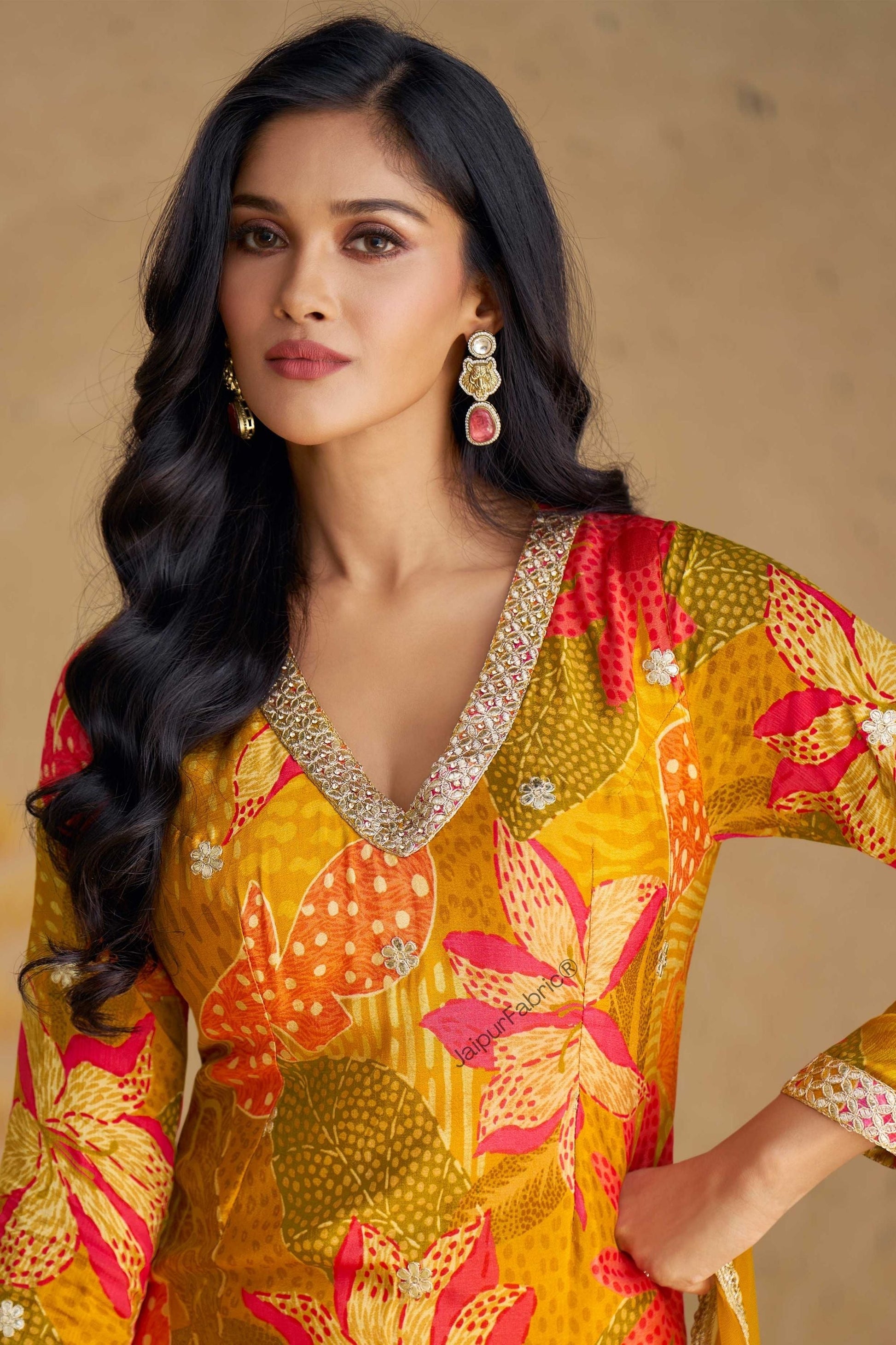 Digital Printed Chinon Silk Mustard Color Beautiful Suit