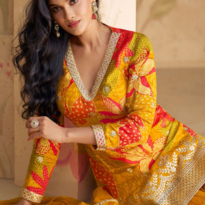 Digital Printed Chinon Silk Mustard Color Beautiful Suit