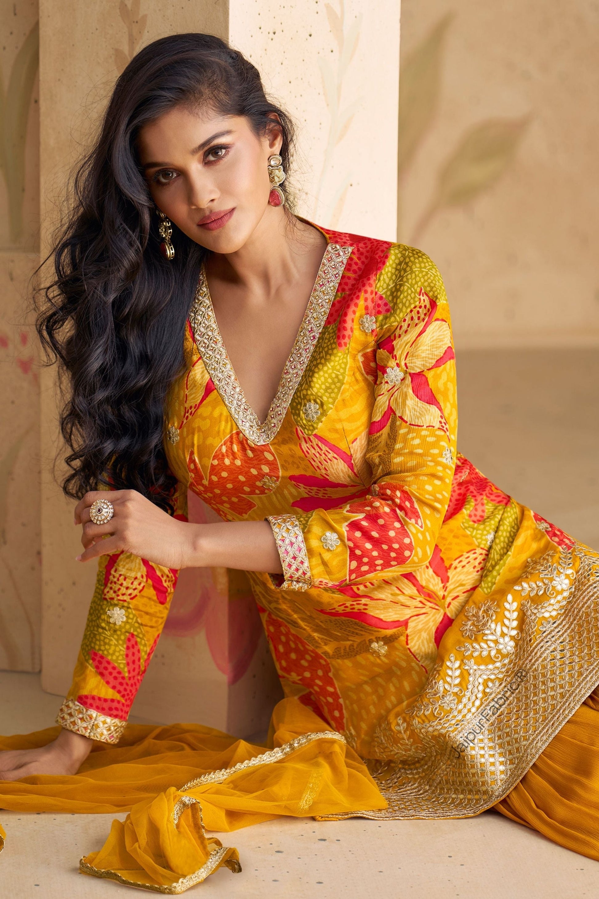 Digital Printed Chinon Silk Mustard Color Beautiful Suit