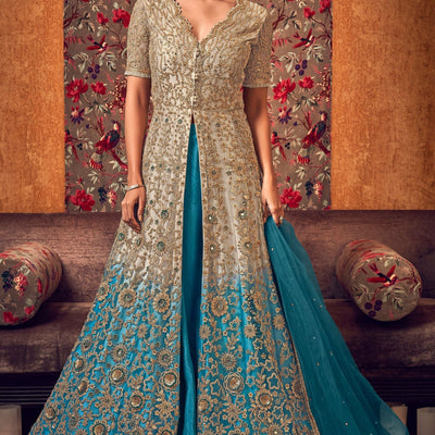 Off-White And Blue Heavy Embroidered Lehenga/ Pant Style Embroidered Lehenga Style Anarkali Suit