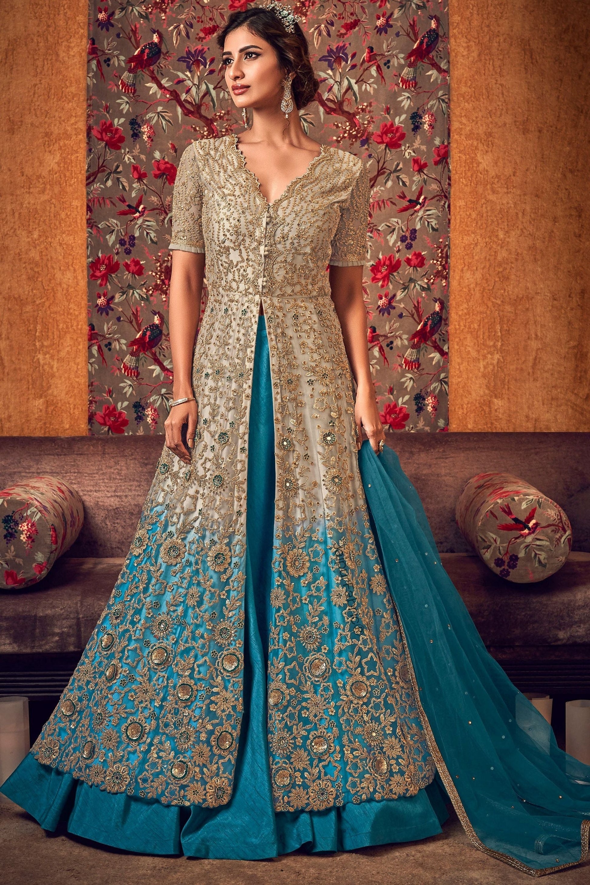 Off-White And Blue Heavy Embroidered Lehenga/ Pant Style Embroidered Lehenga Style Anarkali Suit