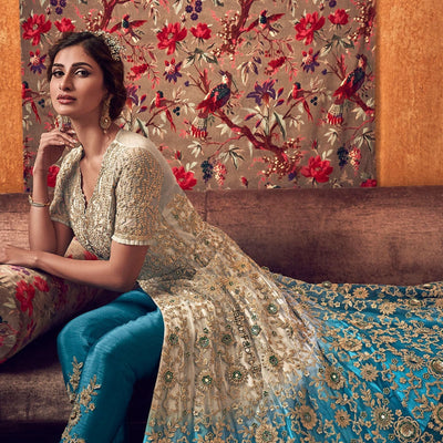 Off-White And Blue Heavy Embroidered Lehenga/ Pant Style Embroidered Lehenga Style Anarkali Suit