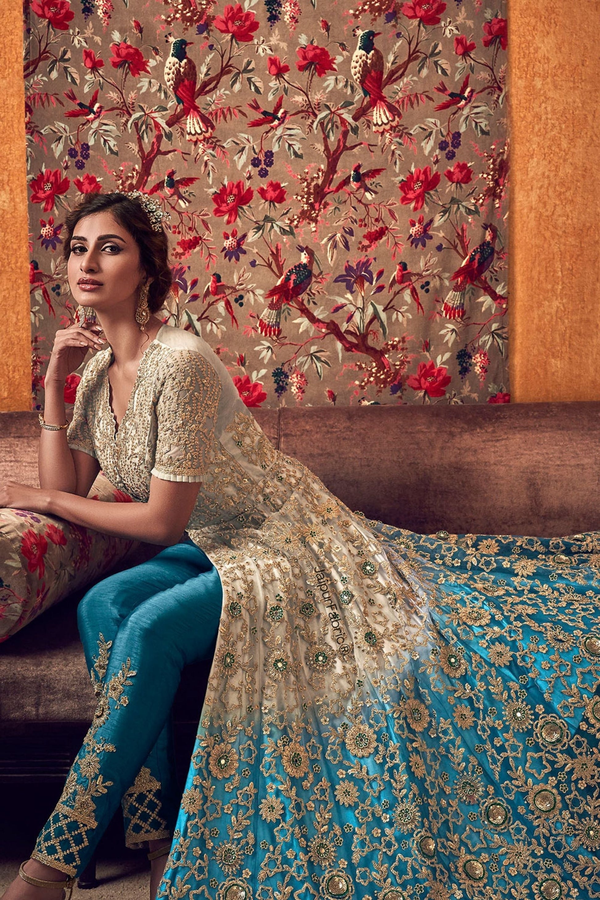Off-White And Blue Heavy Embroidered Lehenga/ Pant Style Embroidered Lehenga Style Anarkali Suit