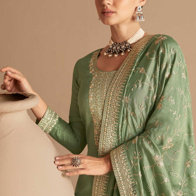 Green Chinon Silk Plus Size (Upto 5Xl Size) Kameez Pant Suit For Indian Festivals & Weddings - Thread Embroidery Work