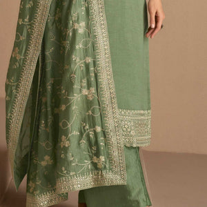Green Chinon Silk Plus Size (Upto 5Xl Size) Kameez Pant Suit For Indian Festivals & Weddings - Thread Embroidery Work