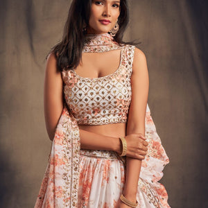 Elegant Floral Printed White Organza Lehenga Choli