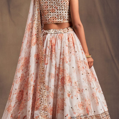 Elegant Floral Printed White Organza Lehenga Choli