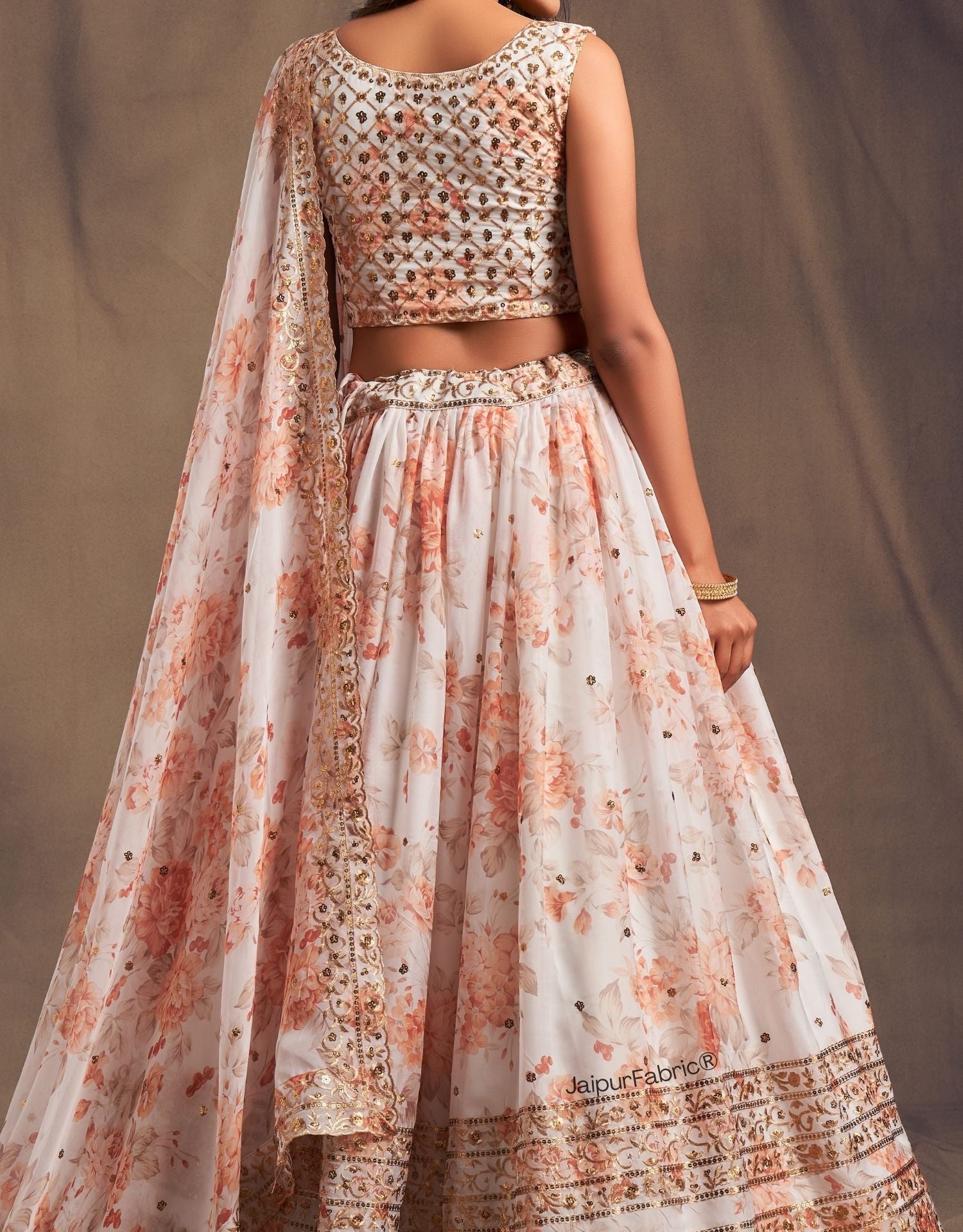 Elegant Floral Printed White Organza Lehenga Choli