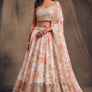 Elegant Floral Printed White Organza Lehenga Choli