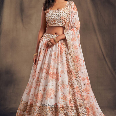 Elegant Floral Printed White Organza Lehenga Choli