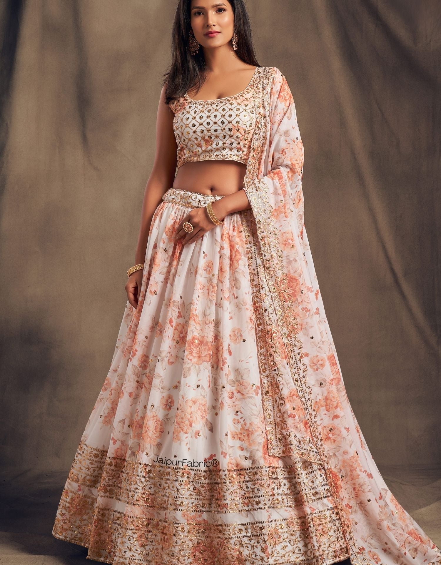 Elegant Floral Printed White Organza Lehenga Choli