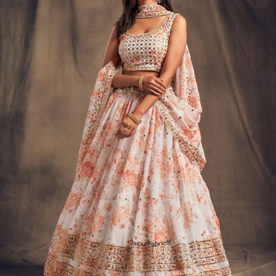 Elegant Floral Printed White Organza Lehenga Choli