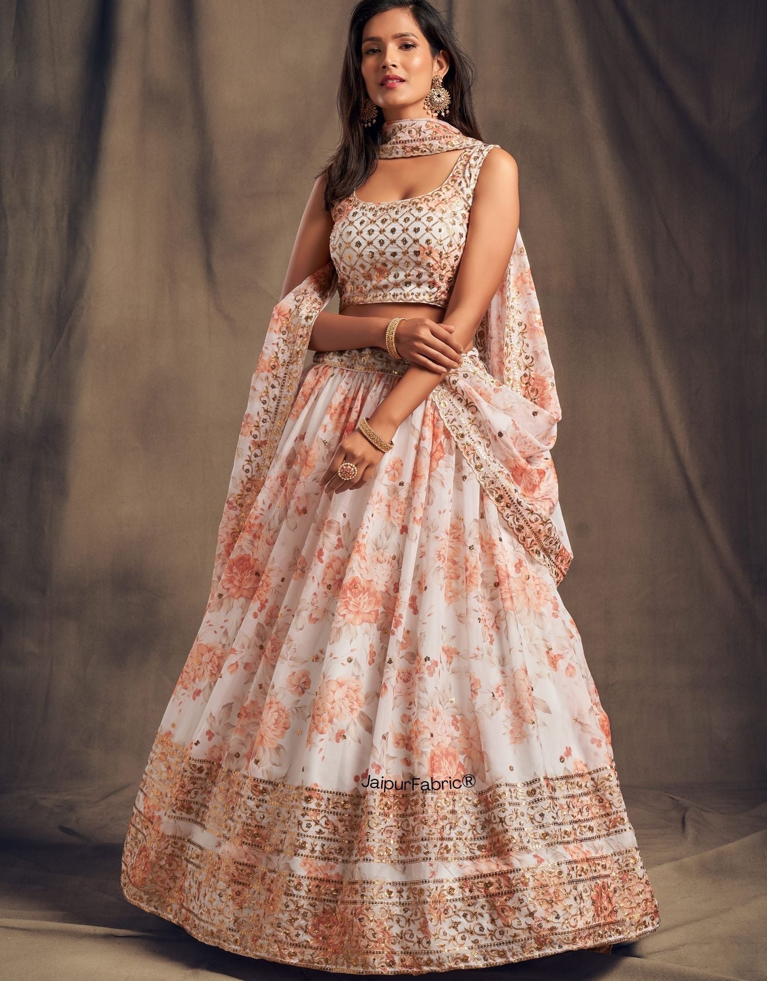 Elegant Floral Printed White Organza Lehenga Choli