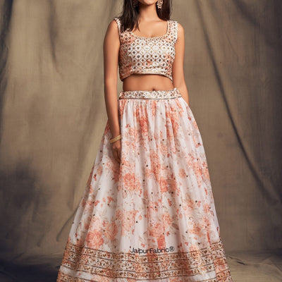 Elegant Floral Printed White Organza Lehenga Choli
