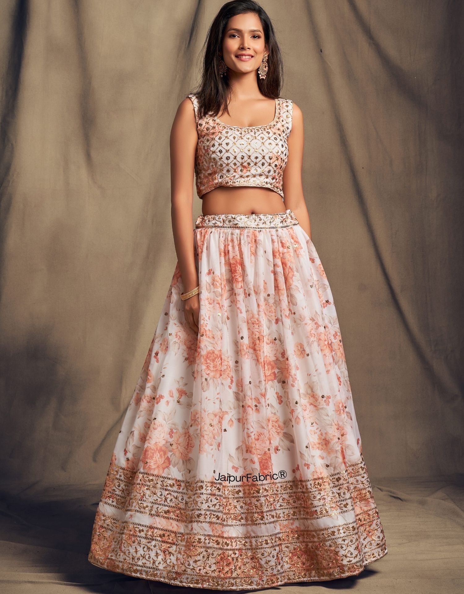 Elegant Floral Printed White Organza Lehenga Choli