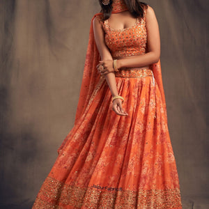 Graceful Blossom Printed Orange Organza Lehenga Choli