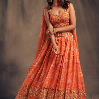 Graceful Blossom Printed Orange Organza Lehenga Choli