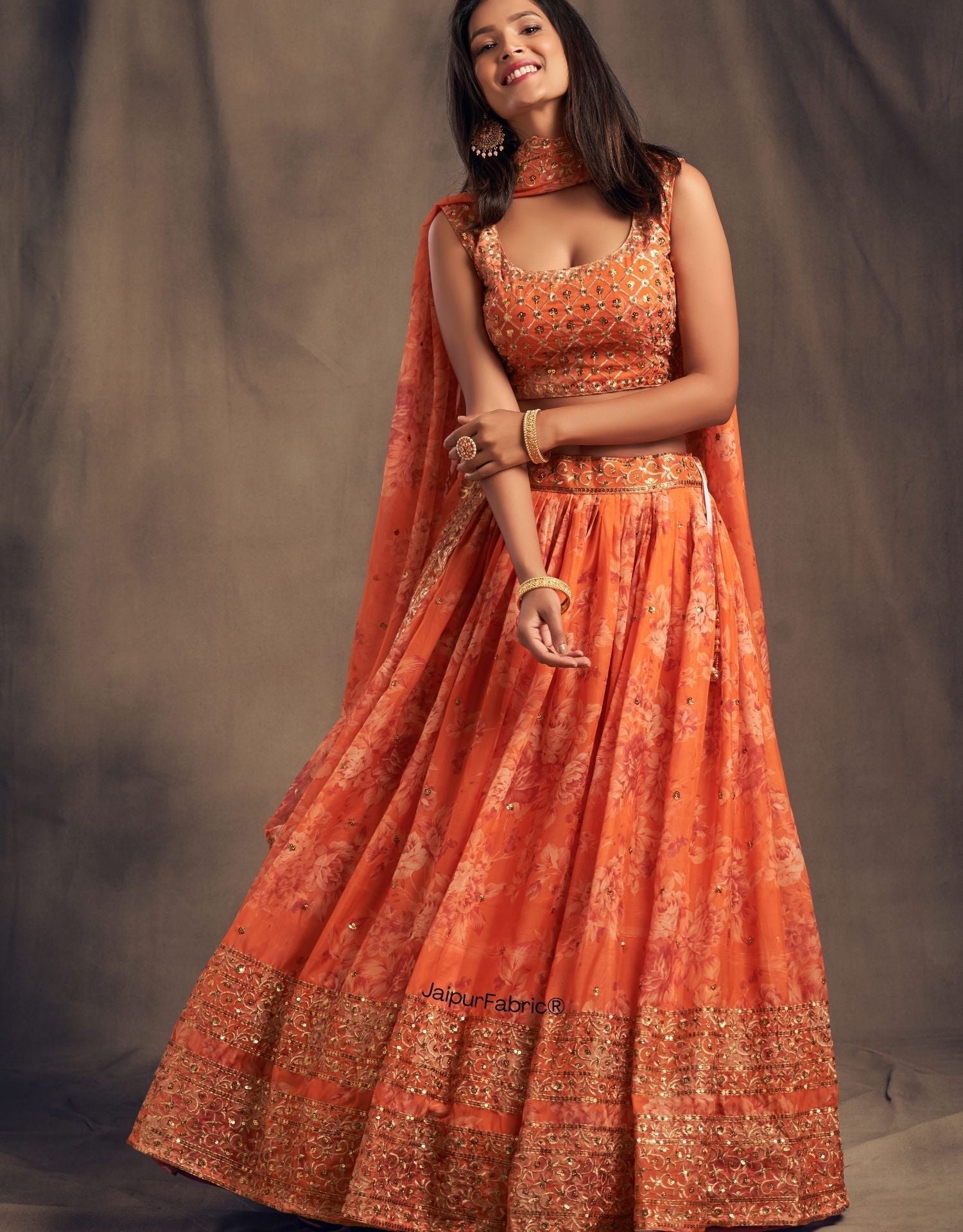 Graceful Blossom Printed Orange Organza Lehenga Choli