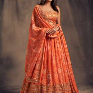 Graceful Blossom Printed Orange Organza Lehenga Choli