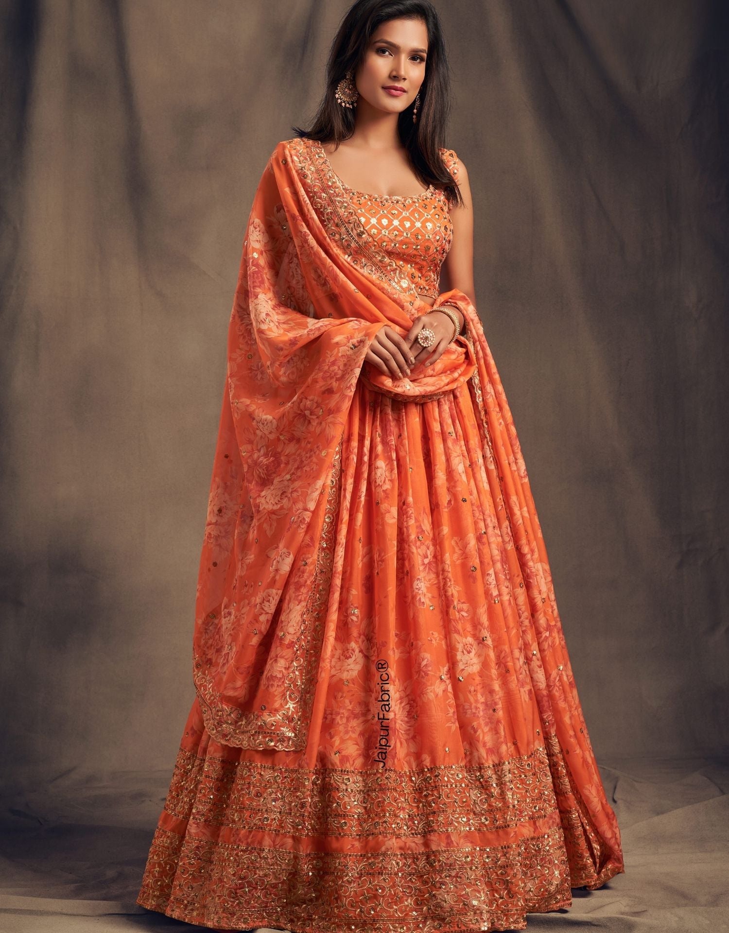 Graceful Blossom Printed Orange Organza Lehenga Choli