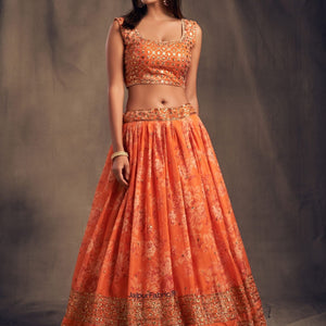 Graceful Blossom Printed Orange Organza Lehenga Choli