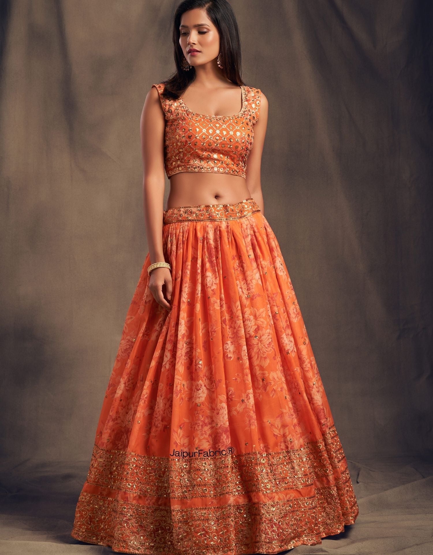 Graceful Blossom Printed Orange Organza Lehenga Choli