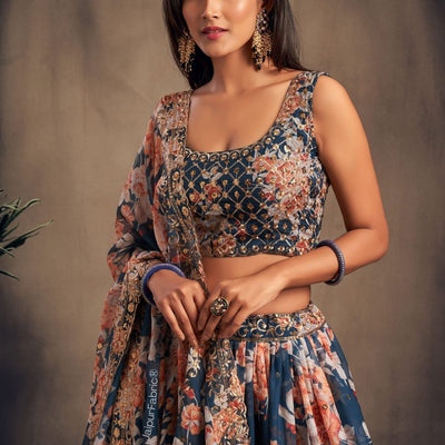 Lush Floral Printed Dove Blue Organza Lehenga Choli