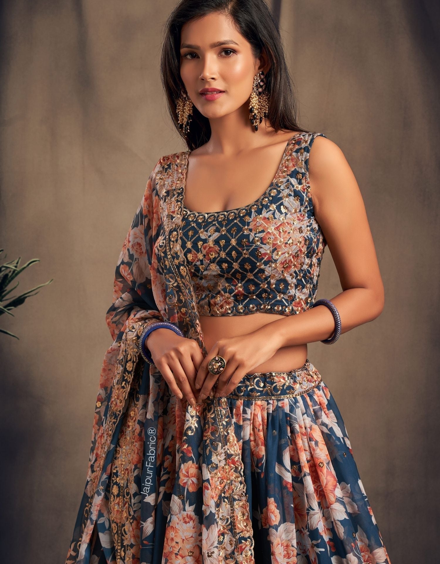 Lush Floral Printed Dove Blue Organza Lehenga Choli