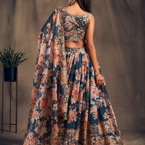 Lush Floral Printed Dove Blue Organza Lehenga Choli