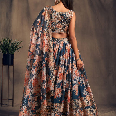 Lush Floral Printed Dove Blue Organza Lehenga Choli