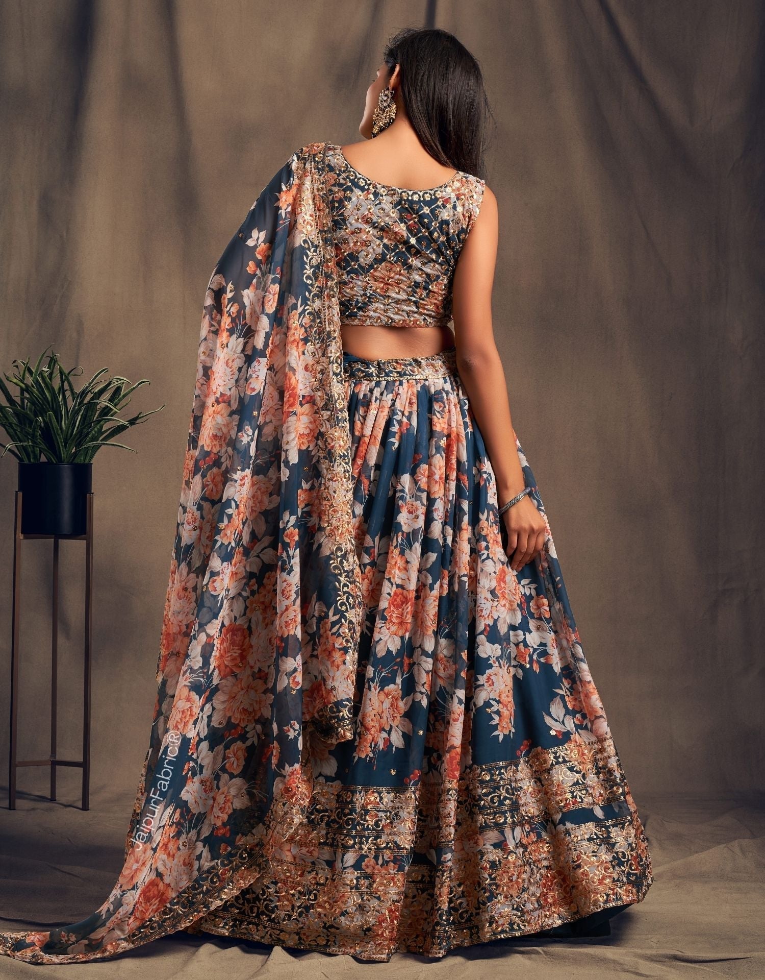Lush Floral Printed Dove Blue Organza Lehenga Choli