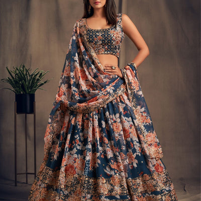 Lush Floral Printed Dove Blue Organza Lehenga Choli