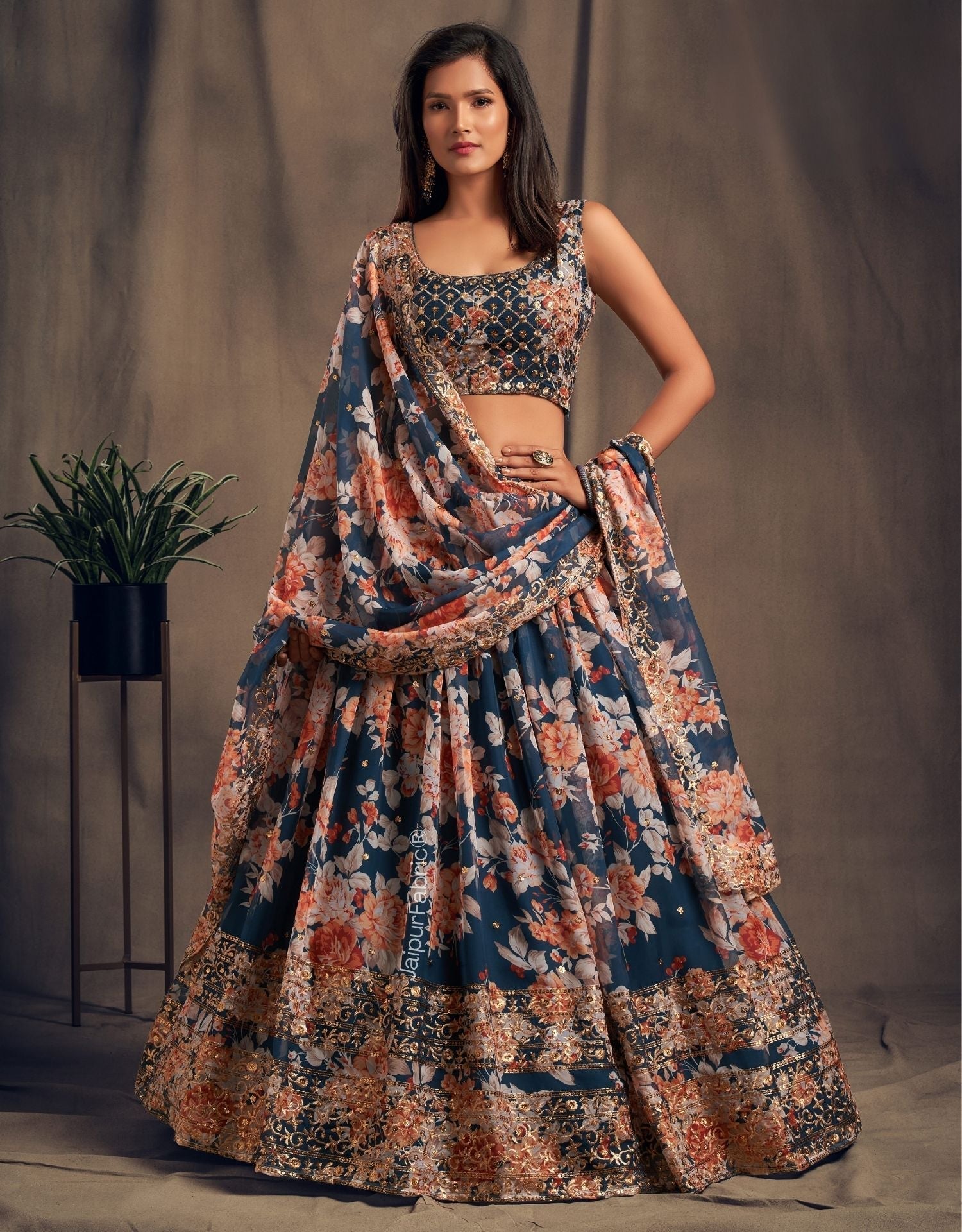 Lush Floral Printed Dove Blue Organza Lehenga Choli