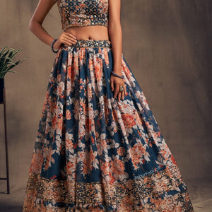 Lush Floral Printed Dove Blue Organza Lehenga Choli