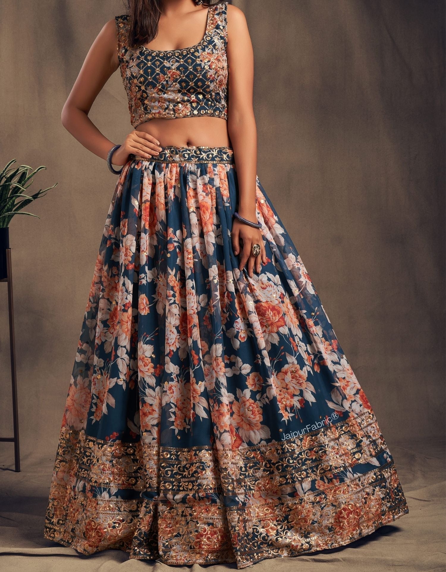 Lush Floral Printed Dove Blue Organza Lehenga Choli
