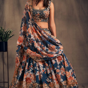 Lush Floral Printed Dove Blue Organza Lehenga Choli
