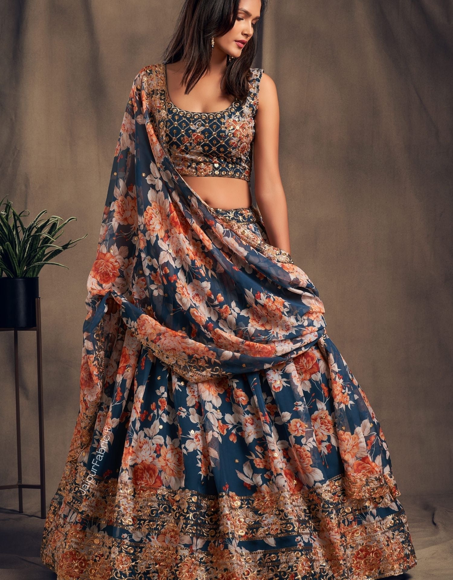 Lush Floral Printed Dove Blue Organza Lehenga Choli