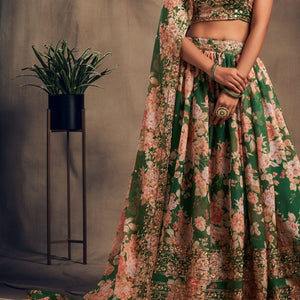 Refined Petal Floral Printed Green Organza Lehenga Choli