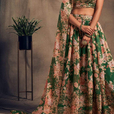 Refined Petal Floral Printed Green Organza Lehenga Choli