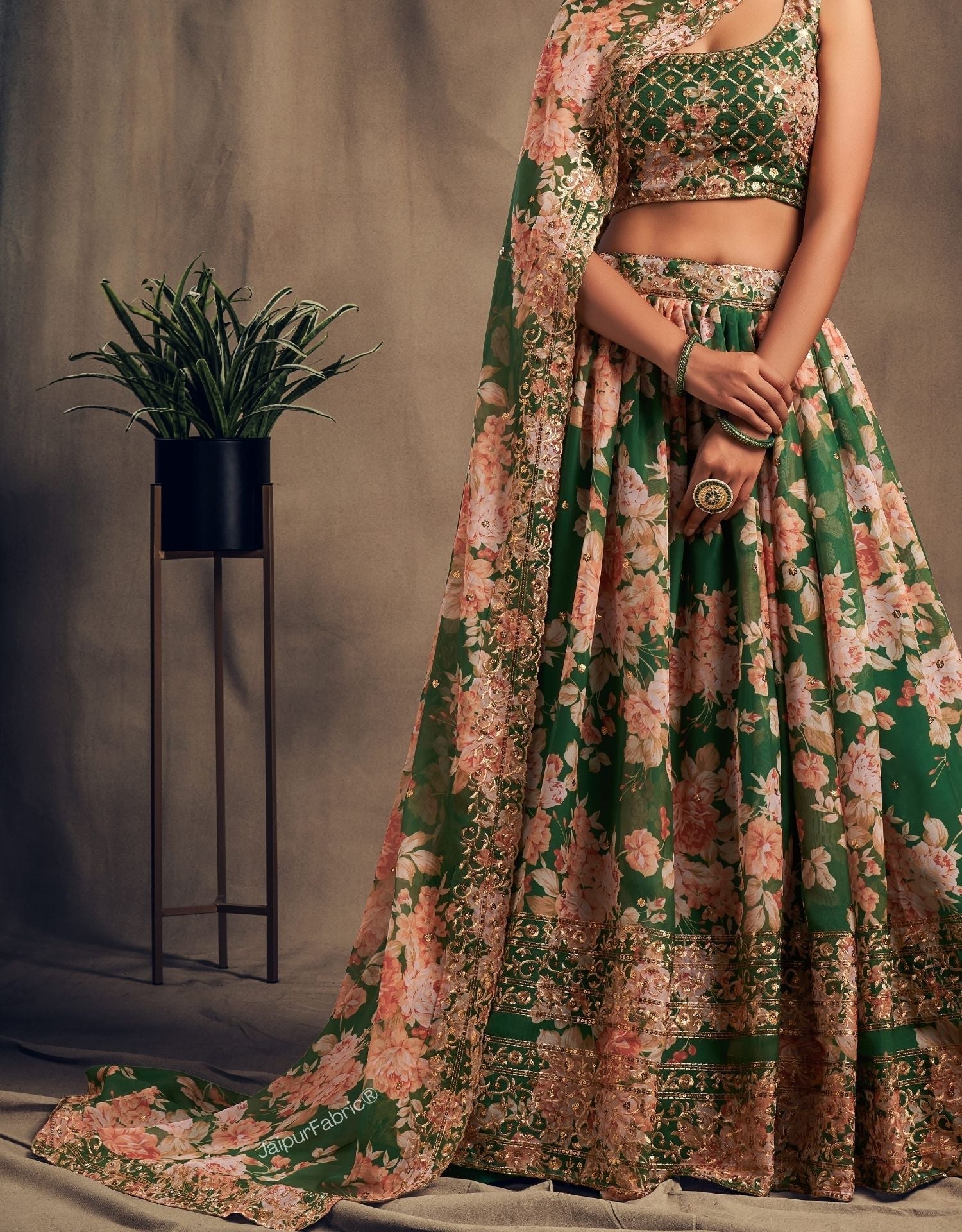 Refined Petal Floral Printed Green Organza Lehenga Choli