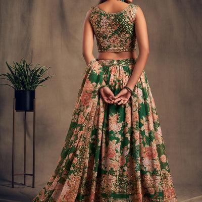 Refined Petal Floral Printed Green Organza Lehenga Choli