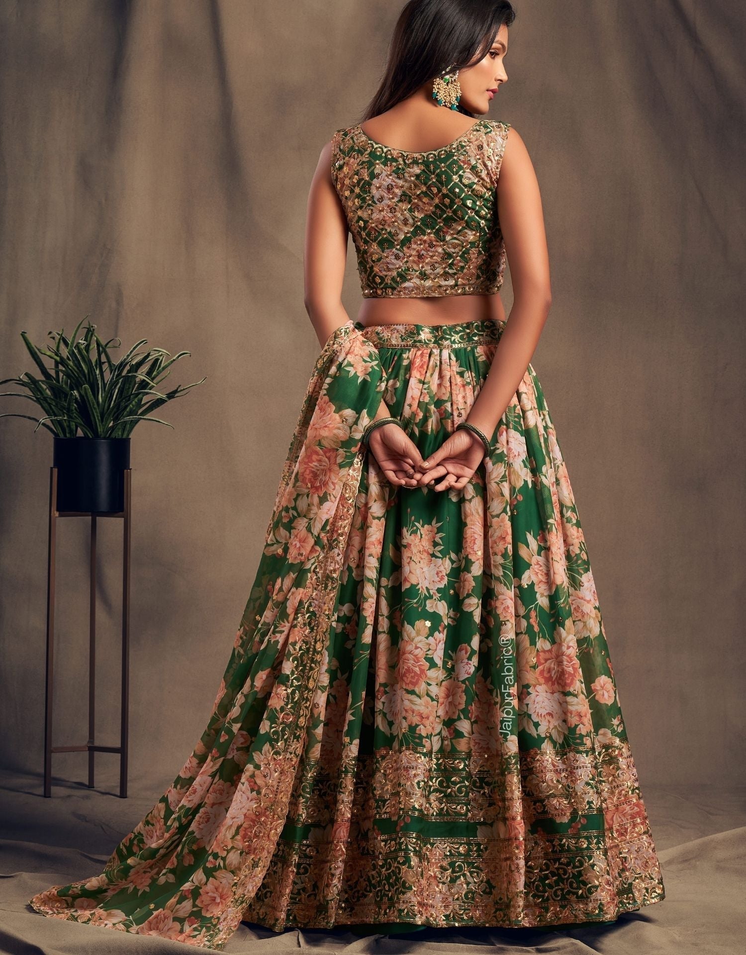 Refined Petal Floral Printed Green Organza Lehenga Choli