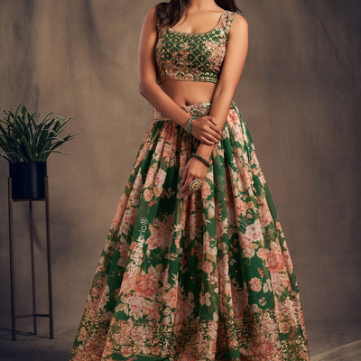 Refined Petal Floral Printed Green Organza Lehenga Choli