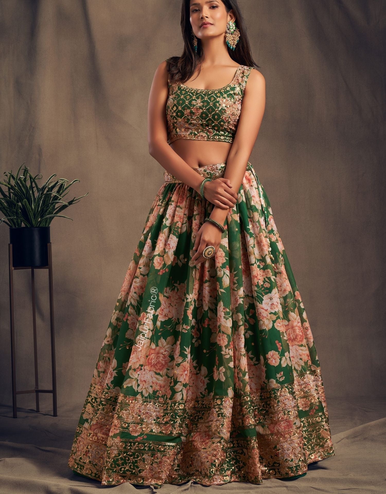 Refined Petal Floral Printed Green Organza Lehenga Choli